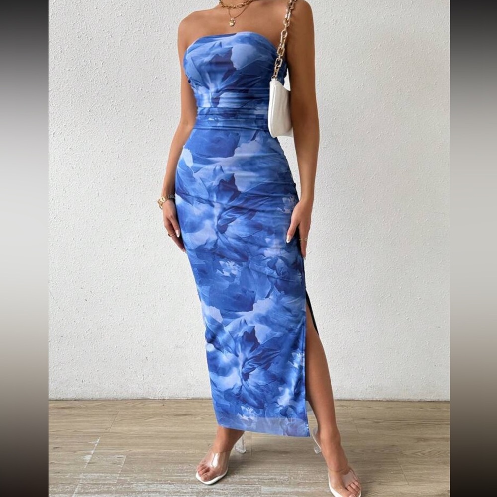 SHEIN blue plant print side slit slimming mesh strapless dress